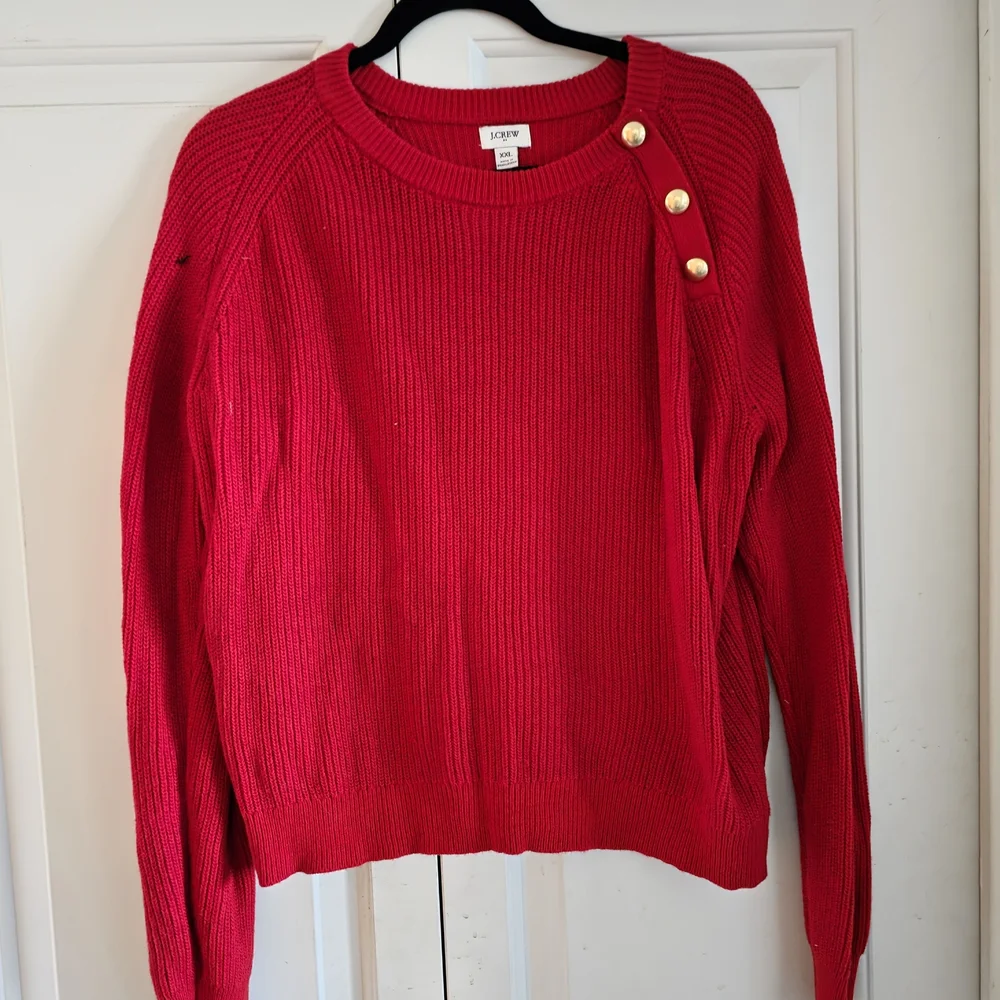 J. Crew Bright Red Ribbed Crewneck Sweater with Gold Buttons